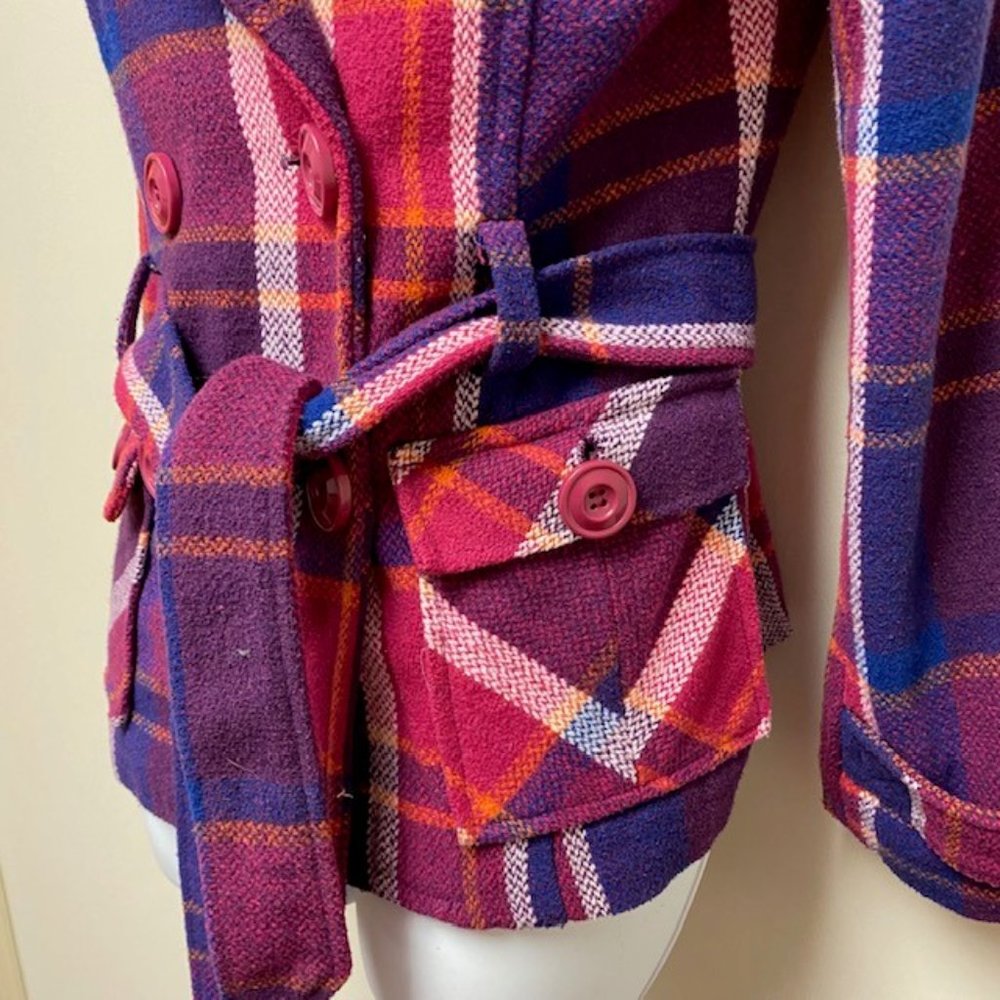 DEB Vintage 80's Trench Style Pea Coat Wool Blend Plaid Hood, size Small - Picture 5 of 15